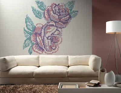 Ce.Si. Céramique | Mosaïque sur filet motif personnalisé en grès cérame 30x30 tesselle 2.5x2.5 représentant deux roses composées avec couleur rose, violet, turquoise, bleu et blanc