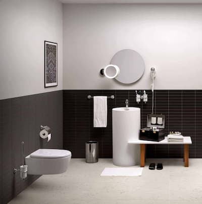 Accessori Lineabeta | Lavabo Momon centro stanza con foro rubinetto,completo di piletta a scarico libero in materiale Mattstone e portasciugamani e porta bicchieri serie Vanessa finitura cromo