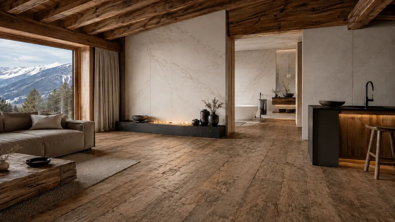 Salle de bain résidence alpine avec dalle grès cérame grand format sol et mur, douche à l'italienne, vue sur les Alpes depuis Verbier