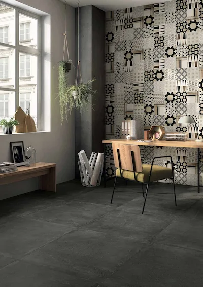 Emilceramica Be-Square Black | Carreau effet béton de couleur anthracite foncé, ombrage non accentué, dimensions 80x80, épaisseur 9,5 mm