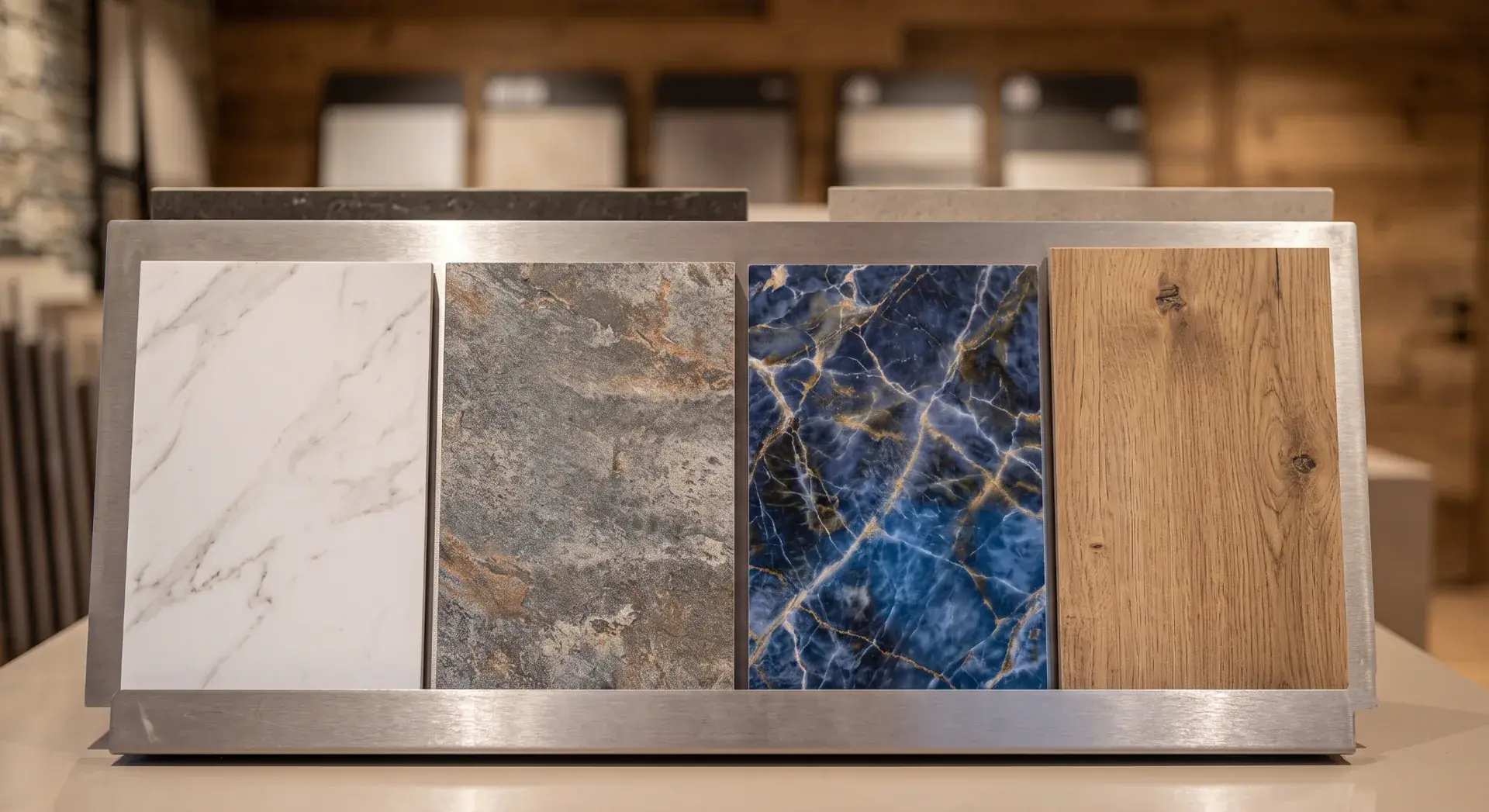 Échantillons de grès cérame effet marbre, pierre et bois en showroom