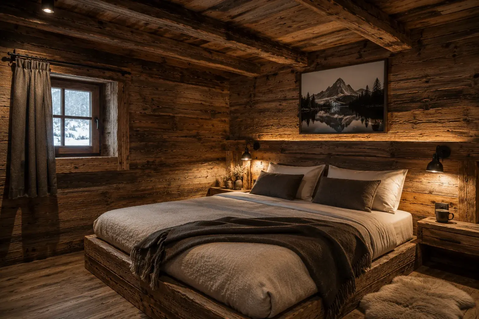 Intérieur de chalet alpin habillé en vieux bois de récupération, ambiance chaleureuse de carnotzet