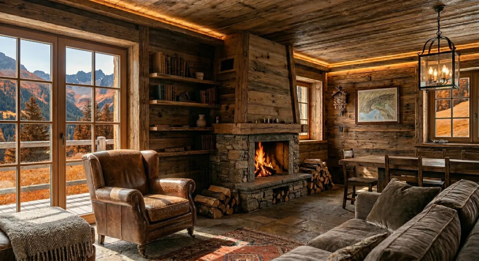 Salone di chalet alpino con pareti in legno antico di recupero, camino in pietra e vista sulle montagne della Valle d'Aosta