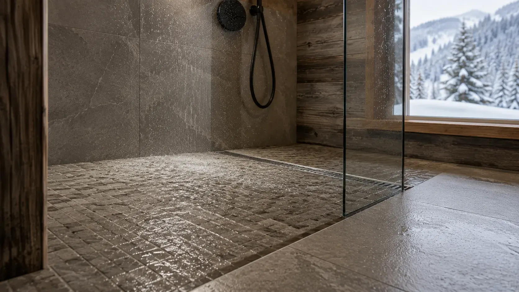 Douche à l&#x27;italienne : mosaïque à petit format sur le receveur, grand format à l&#x27;extérieur, caniveau linéaire et pente d&#x27;écoulement