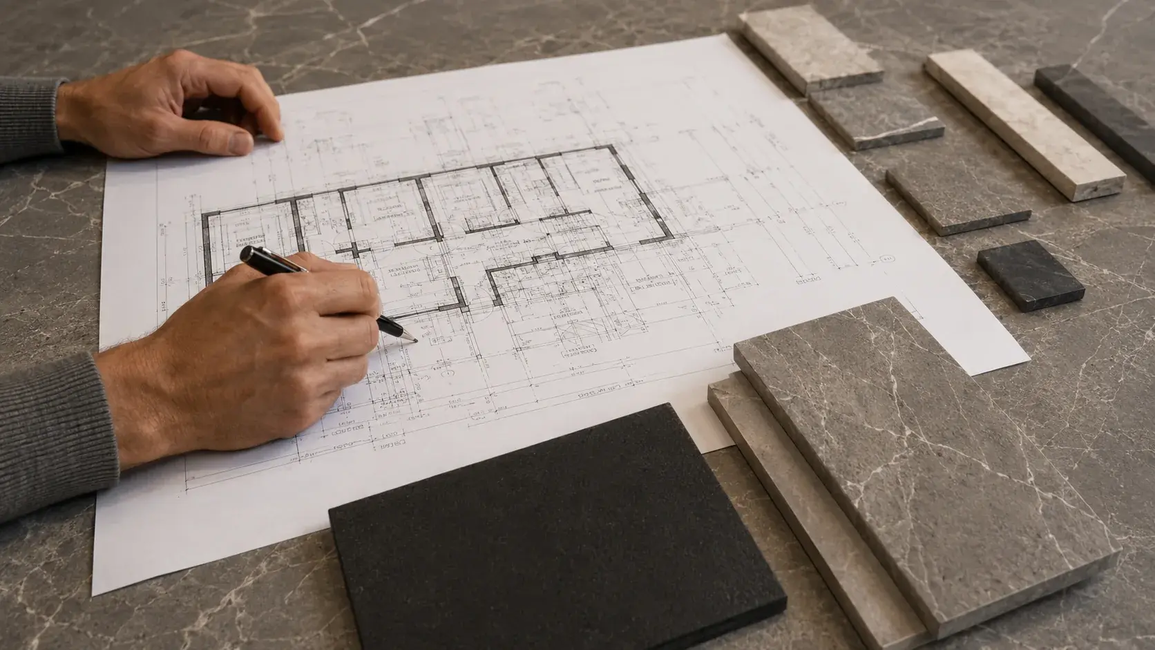 Selezione dei campioni di gres porcellanato grande formato sul tavolo di progettazione, per la definizione del capitolato di un progetto residenziale alpino