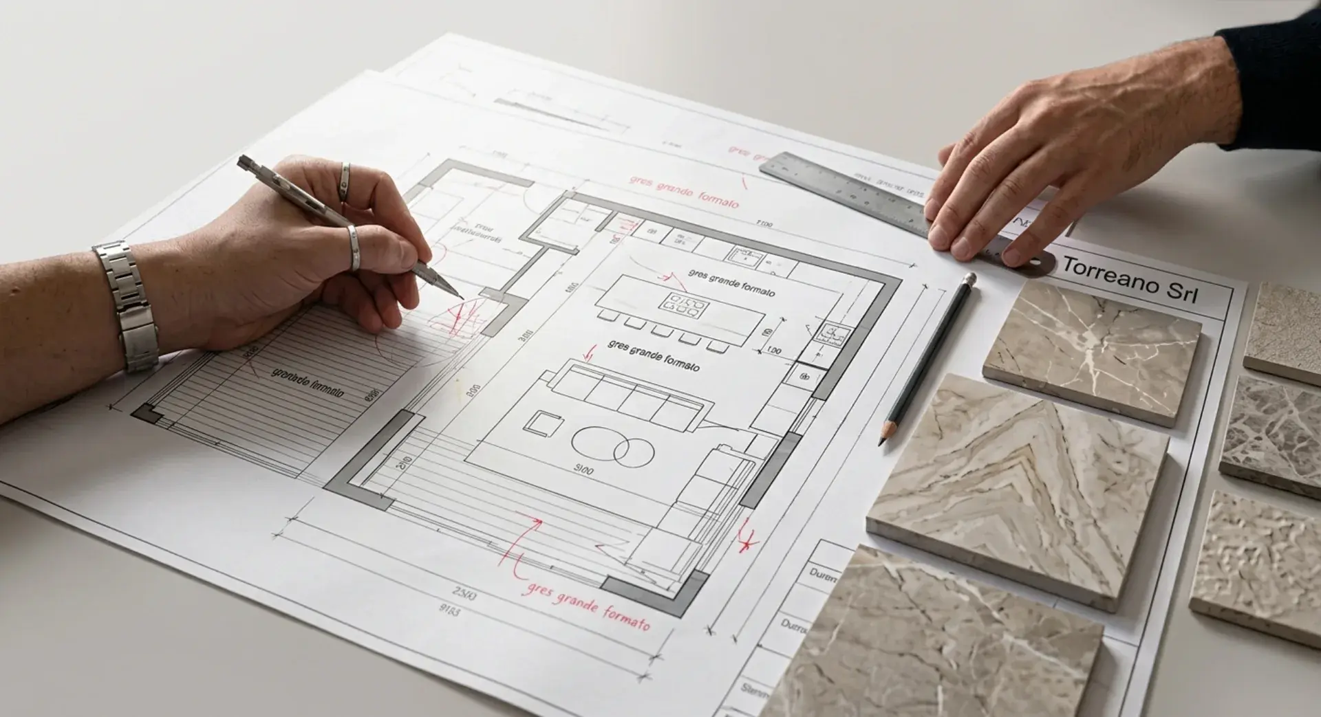 Plan d'architecte annoté pour la spécification du grès cérame grand format, avec échantillons de dalles Torreano