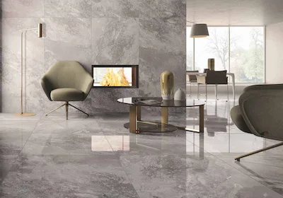 Casalgrande Padana Marmoker Breccia Carsica | Carrelage effet marbre gris moyen avec différentes veines gris clair / foncé sur chaque dalle finition polie taille 90x90 épaisseur 10mm