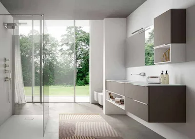 Idea Group | Composizione T01 composta da due basi con cassetto+base portalavabo colore laccato Cobalto opaco. Vano gorno sotto basi laccato bianco opaco. Op integrato in cristallo sabbiato laccato Cobalto "2F". Specchiera con luce e pensile laccato cobalto opaco+pensile a giorno laccato bianco opaco