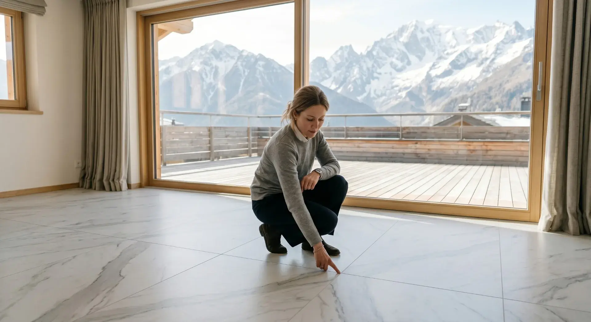 Dalle grès cérame 120x240 cm effet marbre, veinures alignées en effet livre ouvert, living résidence alpine Haute-Savoie
