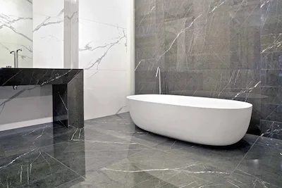 Casalgrande Padana Marmoker Statuario Grigio Grafite | Carrelage effet marbre gris graphite avec différentes veines blanches sur chaque carreau de surface polie taille 90x90