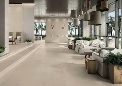 Emilceramica Be-Square Sand | Carrelage effet béton de couleur sable assez uniforme, ombrage non accentué, taille de dalle 120x278, épaisseur 6,5 mm