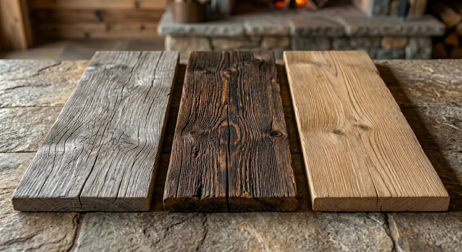 Le tre patine del legno antico di recupero: grigio argento da versante nord, marrone scuro da versante sud, beige naturale da interno