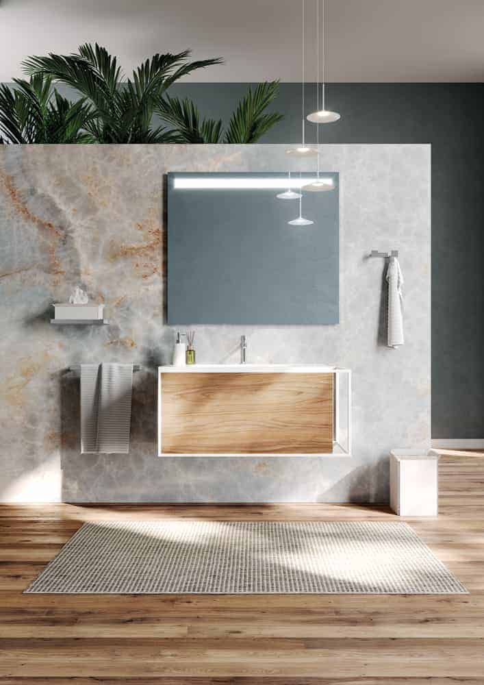 Composition composée d'un lavabo Grela blanc brillant et meuble Grela en cgrome verni blanc et bois bambou naturel miroir modèle Speci et lampe Ciari Accessoires Skuara