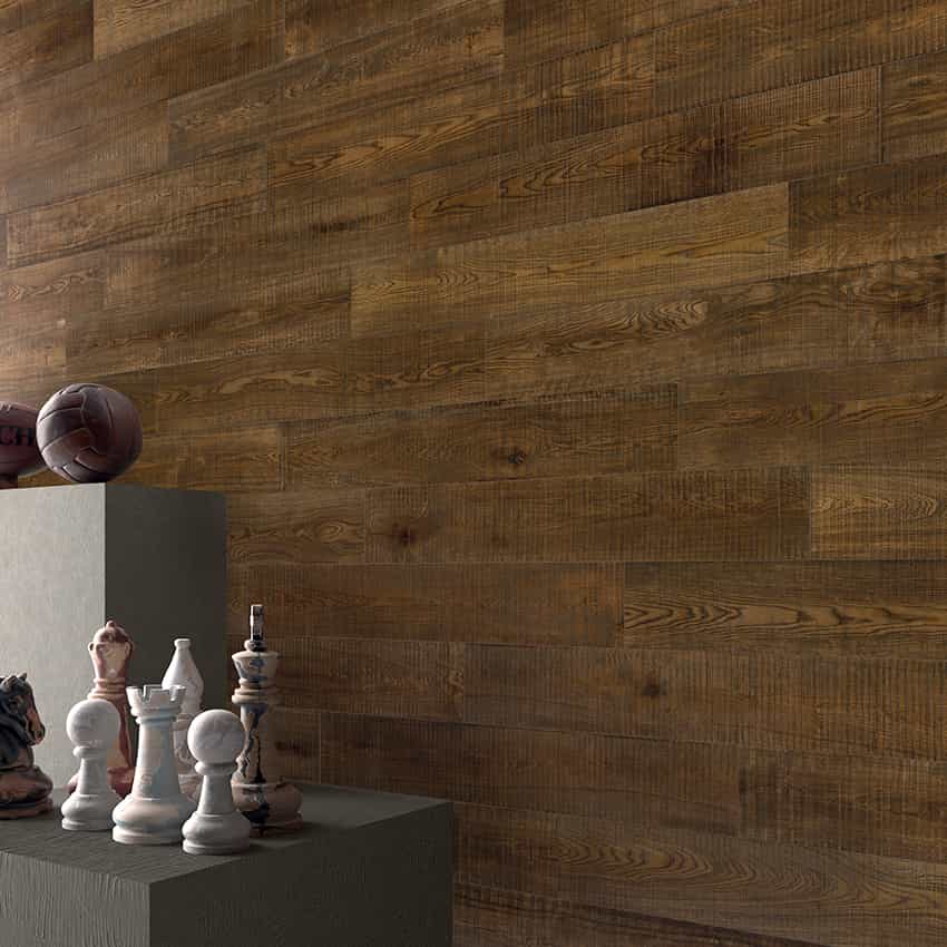 Carrelage imitation bois de typologie Noce couleur brun foncé avec effet scié rustique taille 20x120 rétifié