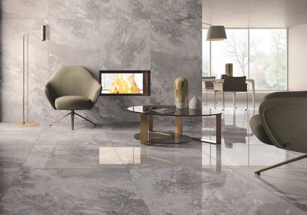 Carrelage effet marbre gris moyen avec différentes veines gris clair / foncé sur chaque dalle finition polie taille 90x90 épaisseur 10mm