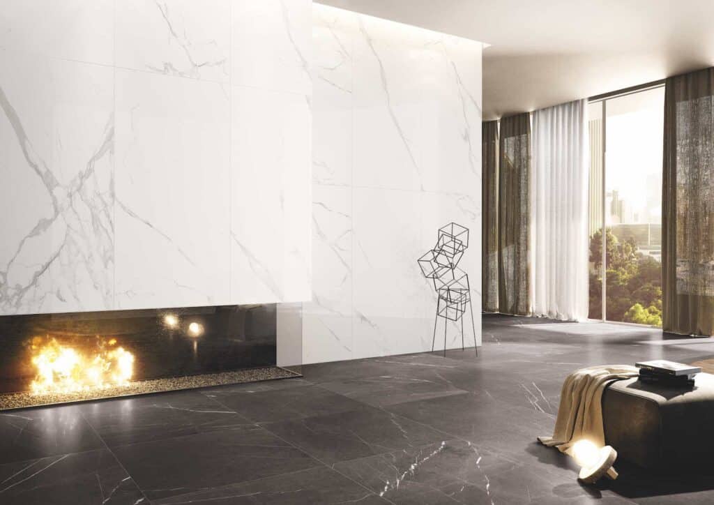 Piastrella effetto marmo di colore grigio grafite con venature bianche differente su ogni piastrella superficie lucida formato 90x90